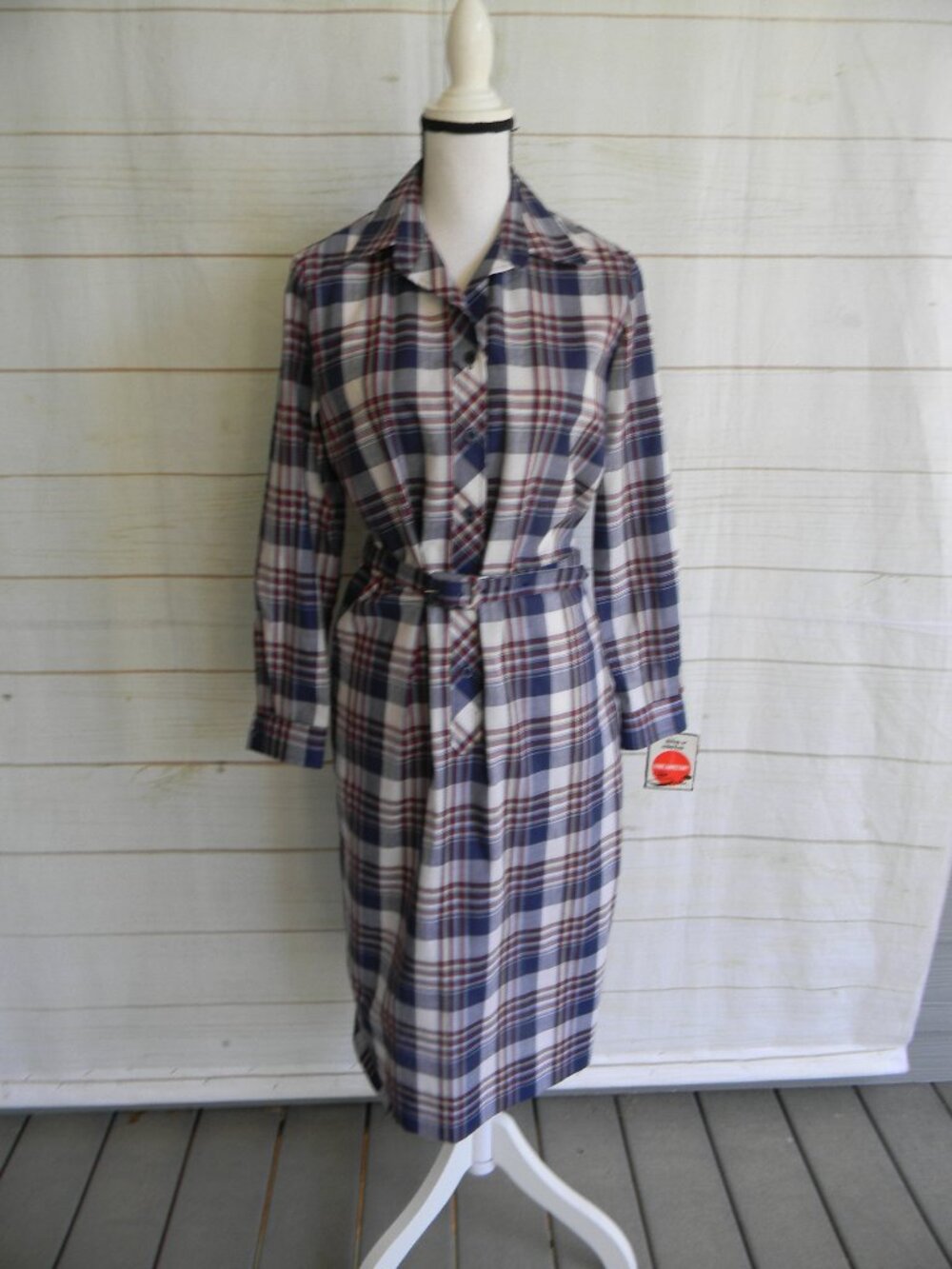 NEW OLD STOCK VINTAGE SERBEN 1970'S BLUE PLAID BUTTON DOWN LONG SLV DRESS SZ 12
